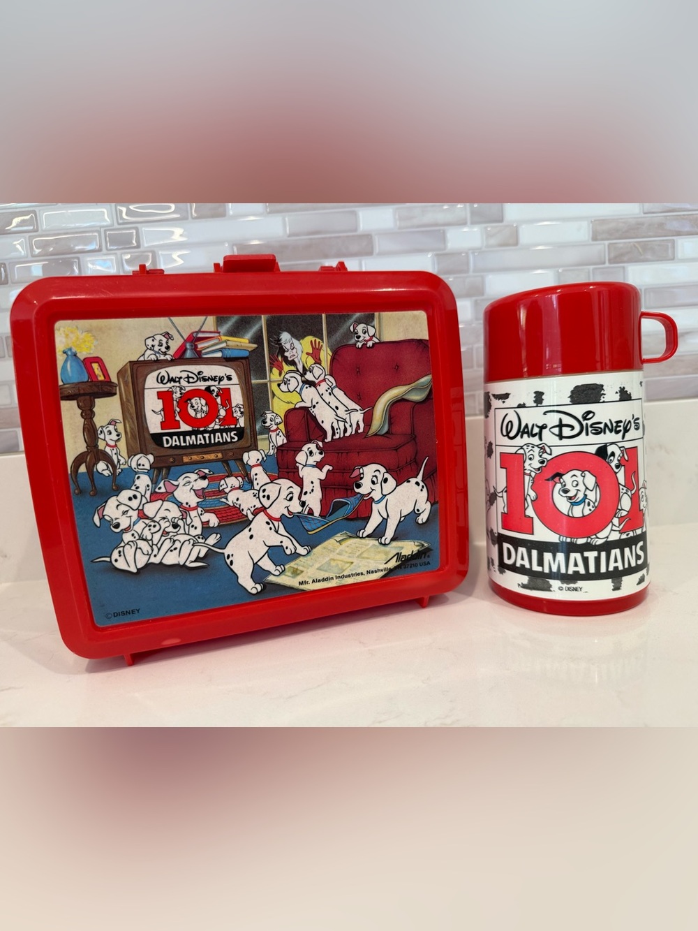 Vintage Disney 101 Dalmatians Red Lunchbox and Thermos Set
